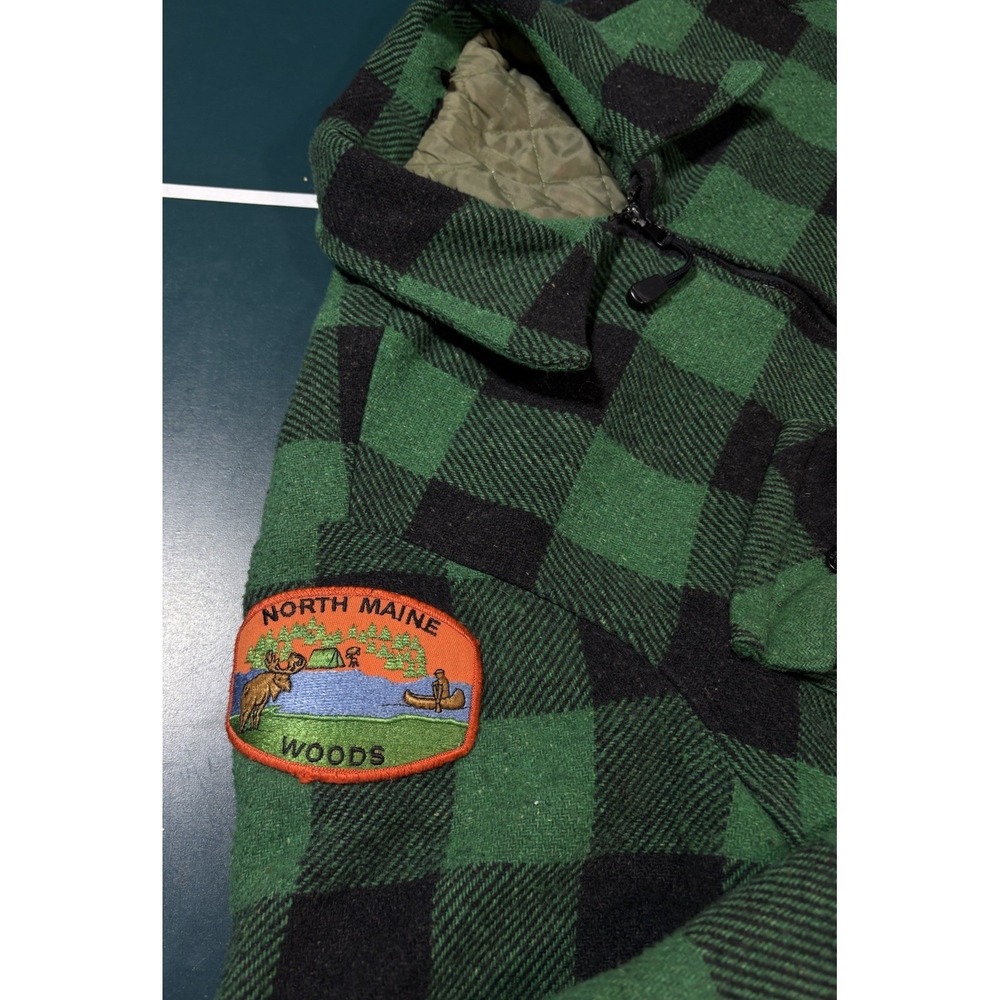 Vtg 70s Woolrich Mackinaw Jacket Green Buffalo Plaid North Maine Woods Patch L - Picture 4 of 16